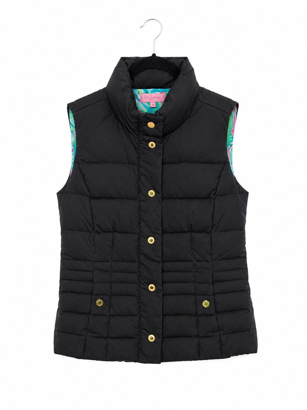Lilly Pulitzer Black Quilted Puffer Vest Gold Buttons Size XS